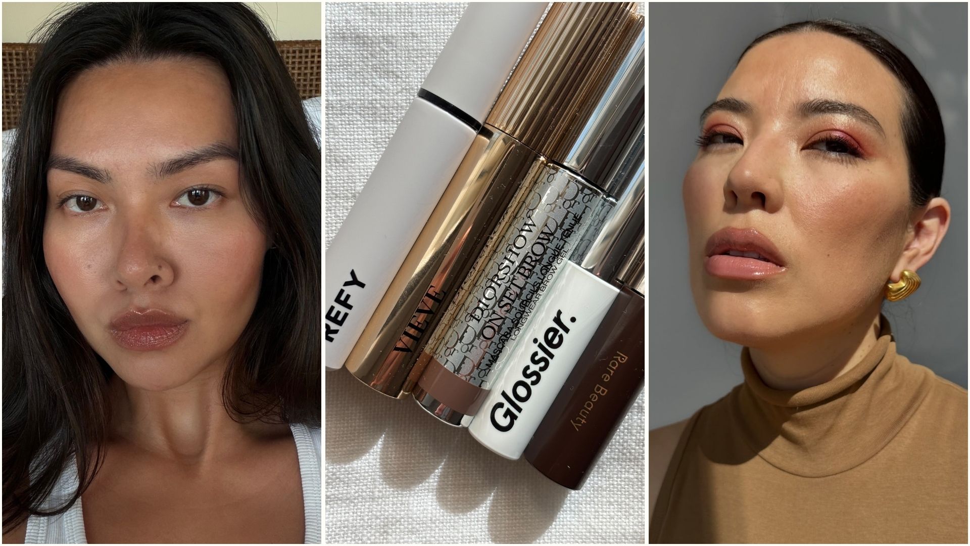 A collage of creators Mimi Nguyen and Marcela Alcal&aacute; with fluffy eyebrows and some of the best eyebrow gels on a white linen background