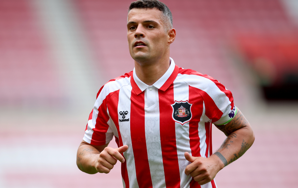 Granit Xhaka of Sunderland running during the pre-season friendly match between Sunderland and Stade Rennais at Stadium of Light on August 15, 2026 in Sunderland, England.