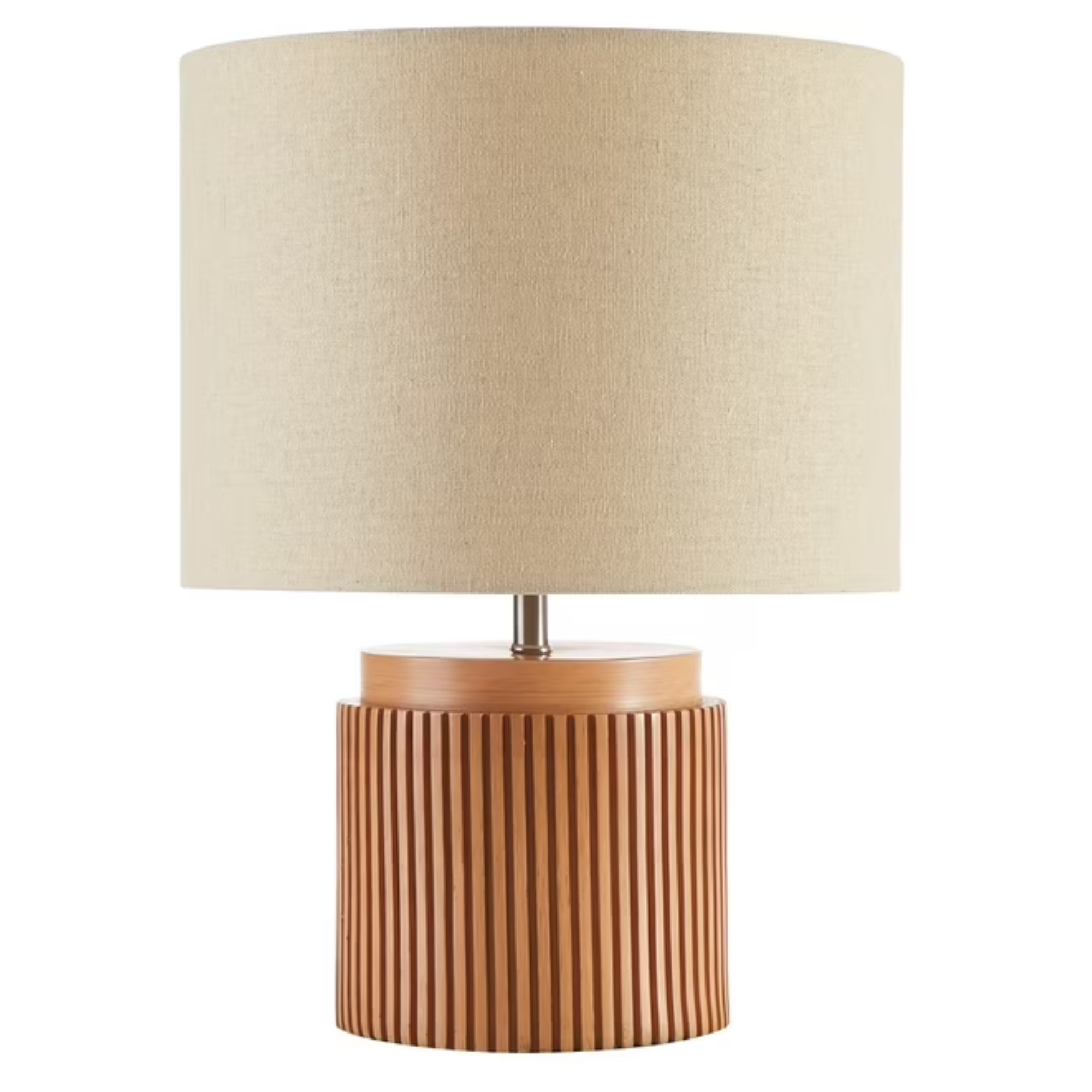table lamp with a fluted wooden base and a linen shade