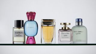 Bottles of perfumes in various shapes and sizes