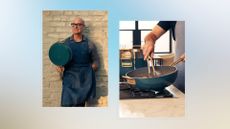 Composite image of stanley holding GreenPan x Stanley Tucci Stanley Pan and him using it to cook pasta