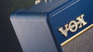 Close up of logo on a Vox AC4 tube amp
