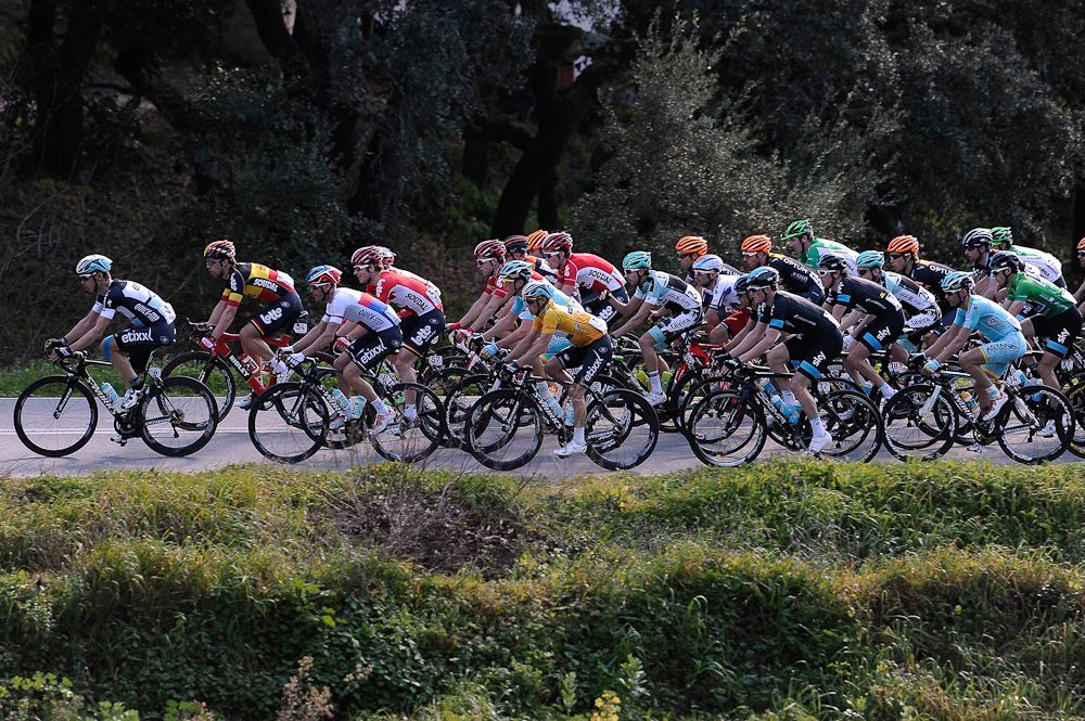 The peloton on one of the day's climbs.