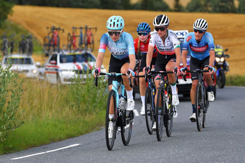 SARPSBORG NORWAY AUGUST 12 LR Anna Christian of United Kingdom and Team DropsLe Col Supported By Tempur Nina Buysman of Netherlands and Team Parkhotel Valkenburg in the Breakaway during the 7th Ladies Tour Of Norway 2021 Stage 1 a 1415km stage from Halden to Sarpsborg LTourOfNorway LTON21 UCIWWT on August 12 2021 in Sarpsborg Norway Photo by Luc ClaessenGetty Images