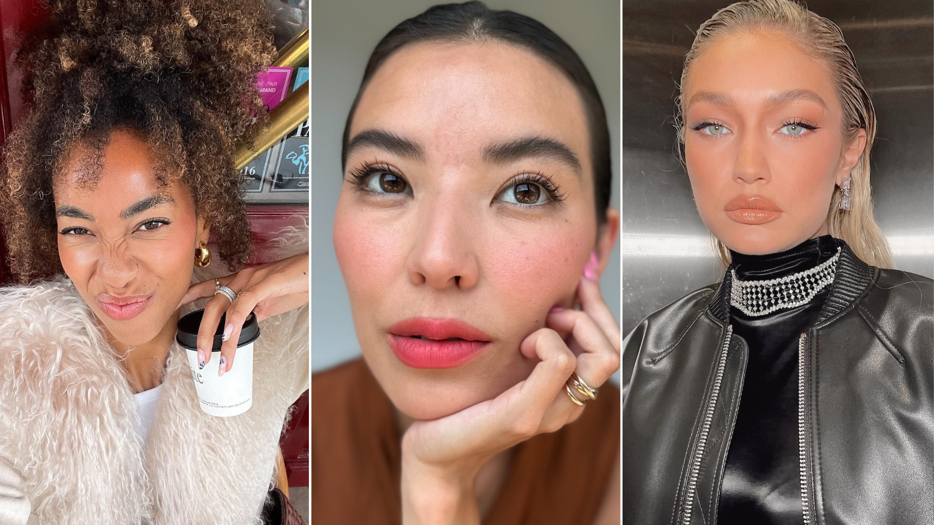 Photo collage of creators @amaka.hamelijnck, @mexicanbutjapanese, and Gigi Hadid wearing soft-matte blush 
