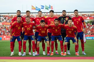 The Spain Euro 2024 squad lines up for a team photo prior to kick off after the international friendly match between Spain and Andorra at Nuevo Vivero on June 05, 2024 in Badajoz, Spain.