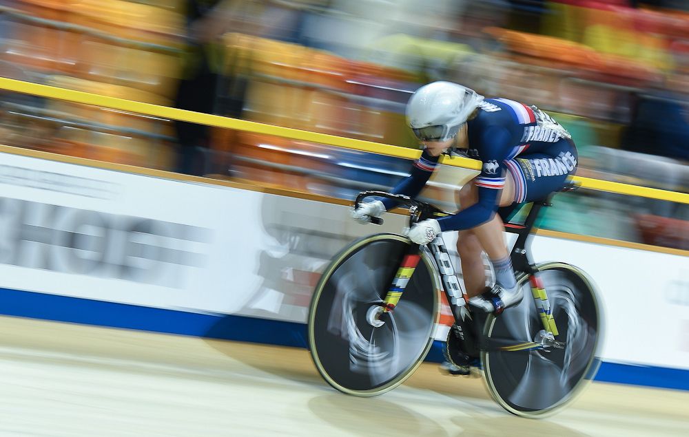 France's Mathilde Gros takes part in a qualifying round for the women's sprint during the UCI Track Cycling World Championships in Apeldoorn