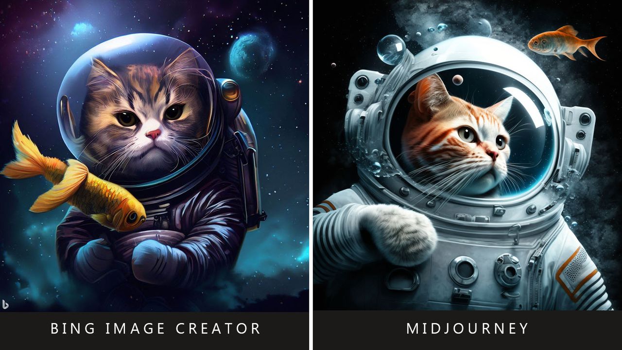 Bing Image Creator vs Midjourney prompt: Cat astronaut in space with a fish.