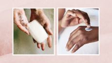 A close up of woman washing her hands in bubbly water with a white bar of soap, alongside another close up of a woman applying cream to her hands to illustrate mistakes made when tackling dry hands/ in a pink watercolour template