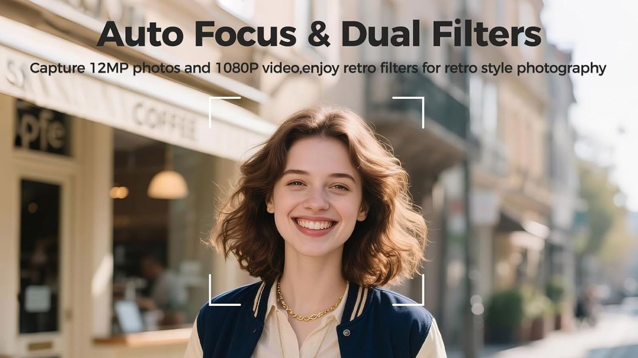 A picture of a woman on the street with an autofocus box around her head. There is text above her which reads 'Auto Focus &amp; Dual Filters'