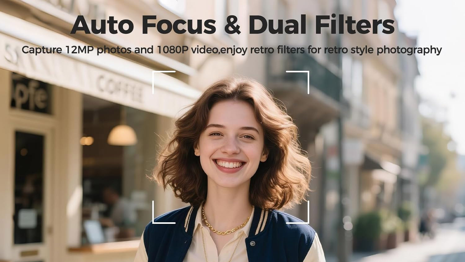 A picture of a woman on the street with an autofocus box around her head. There is text above her which reads 'Auto Focus & Dual Filters'