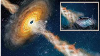 An illustration of a stellar mass black hole blasting out a jet of super-energetic material.