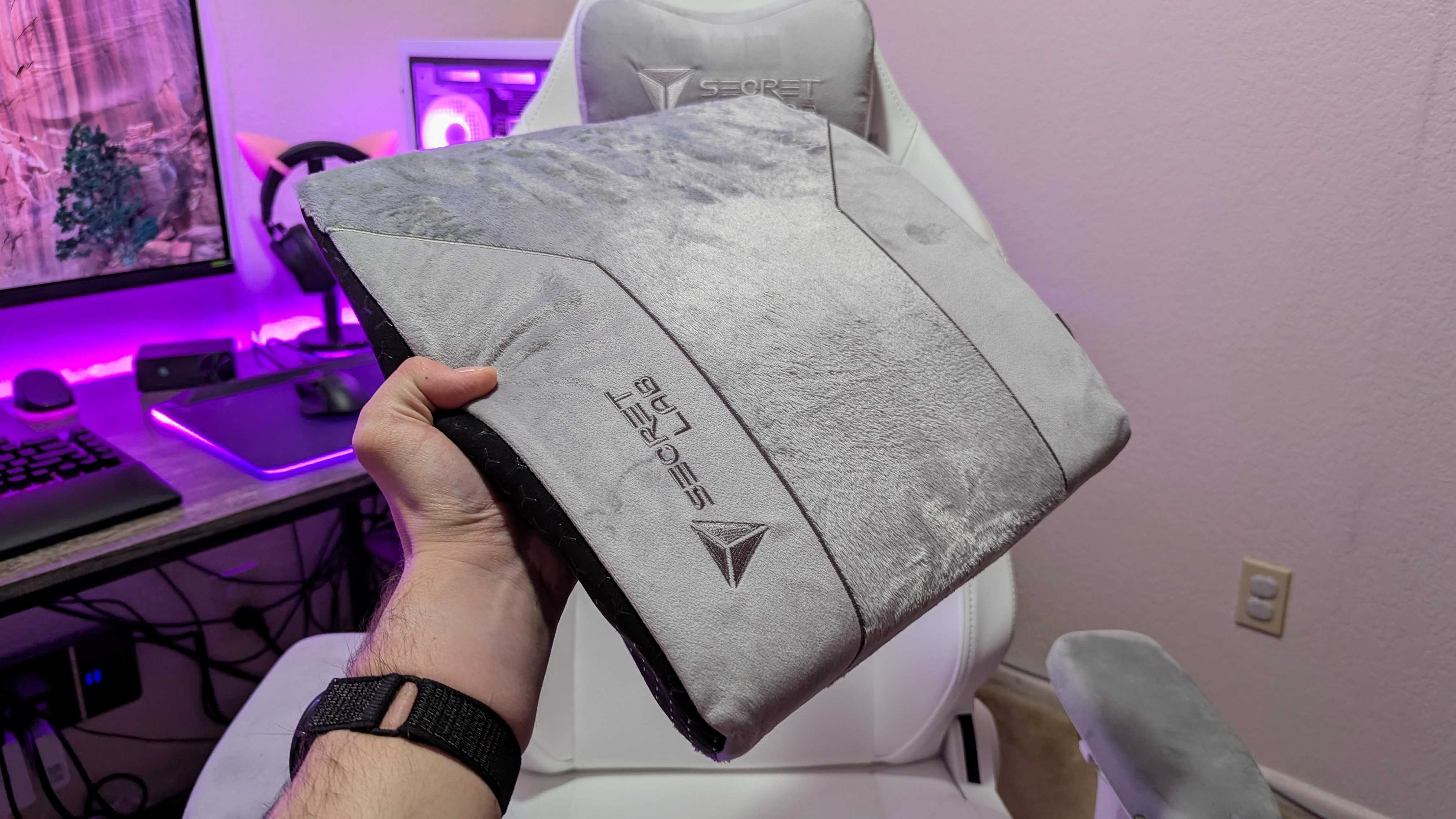 The Secretlab Lumbar Pillow Pro held in front of the Secretlab TITAN Evo NanoGen Edition.