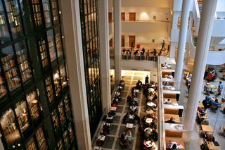 Birds eye view of busy ground floor of library