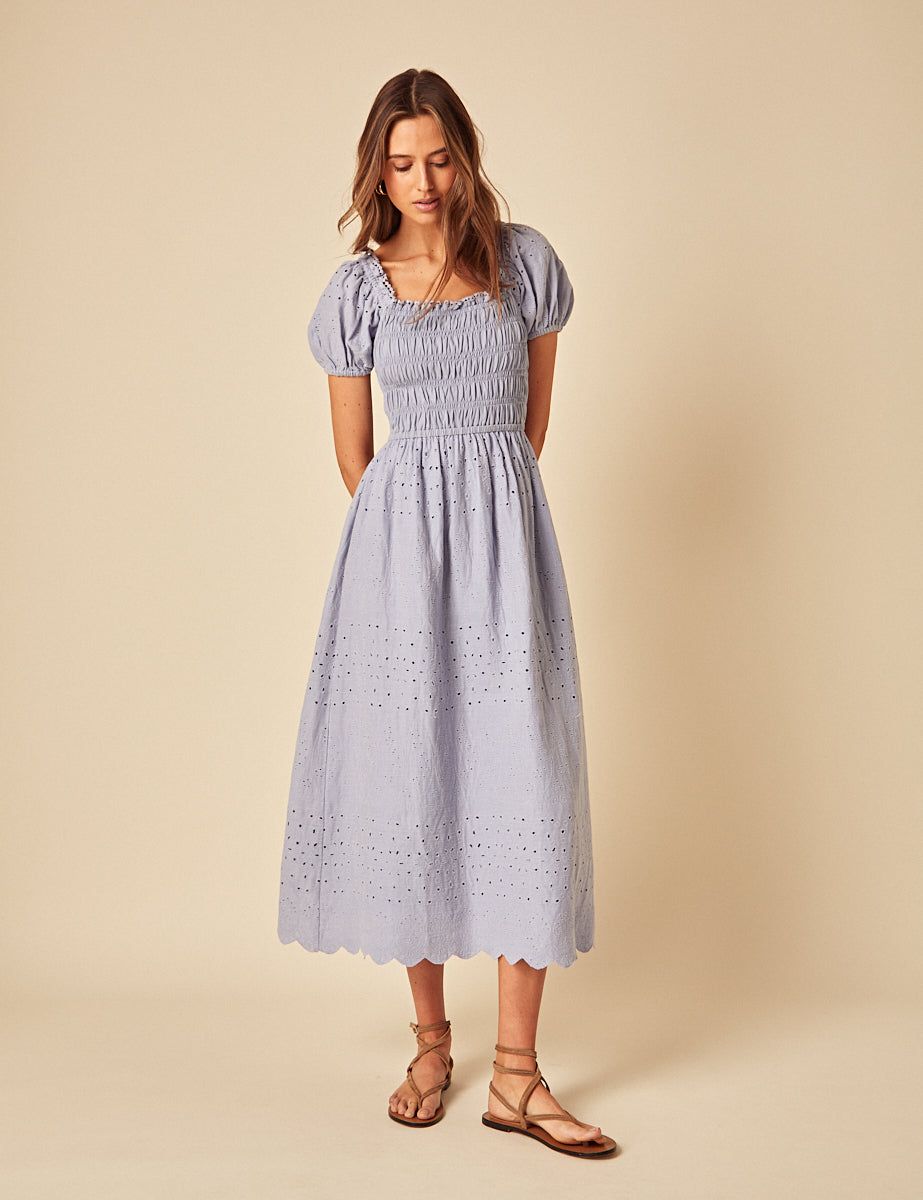 Blue Broderie Anglaise Sophia Midi Dress