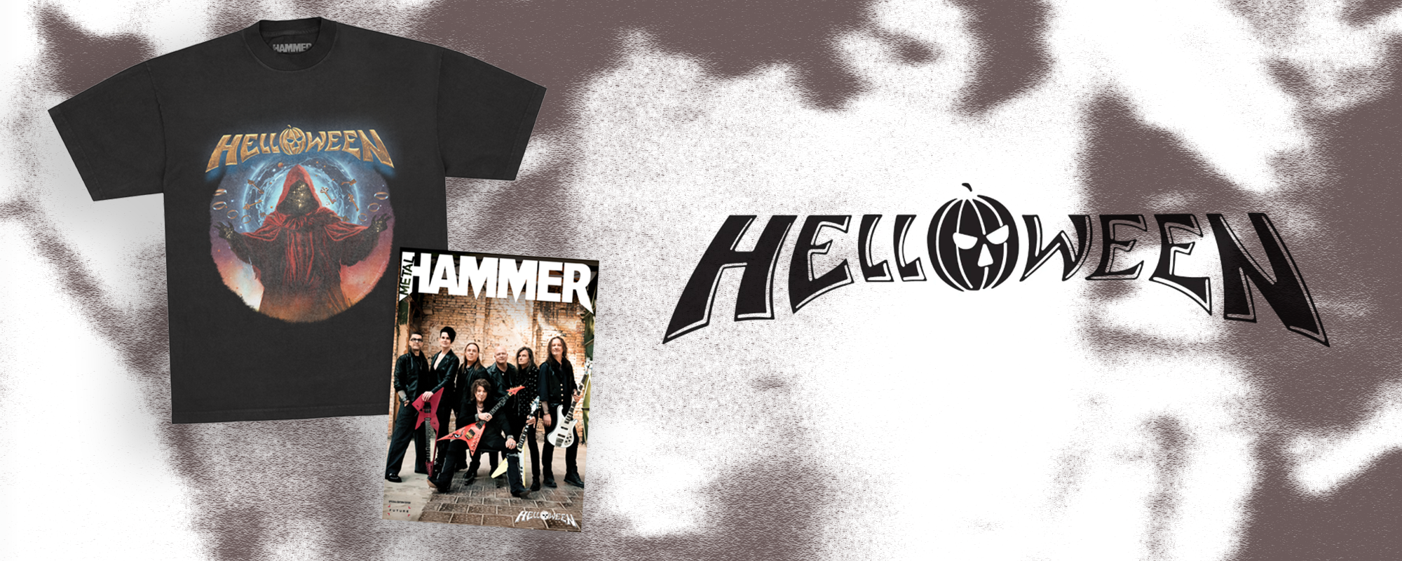 Helloween on the cover of Metal Hammer, next to a t-shirt with the band mascot and logo