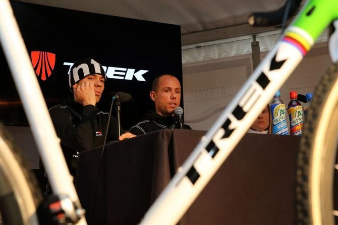 Sven Nys shows off his new bike to the media