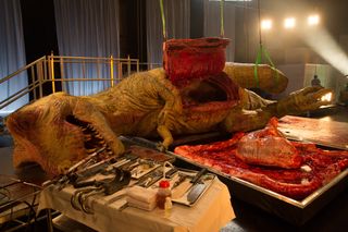 The T. rex's stomach and intestines (covered in corn-syrup "blood") have been removed in "T. rex Autopsy."
