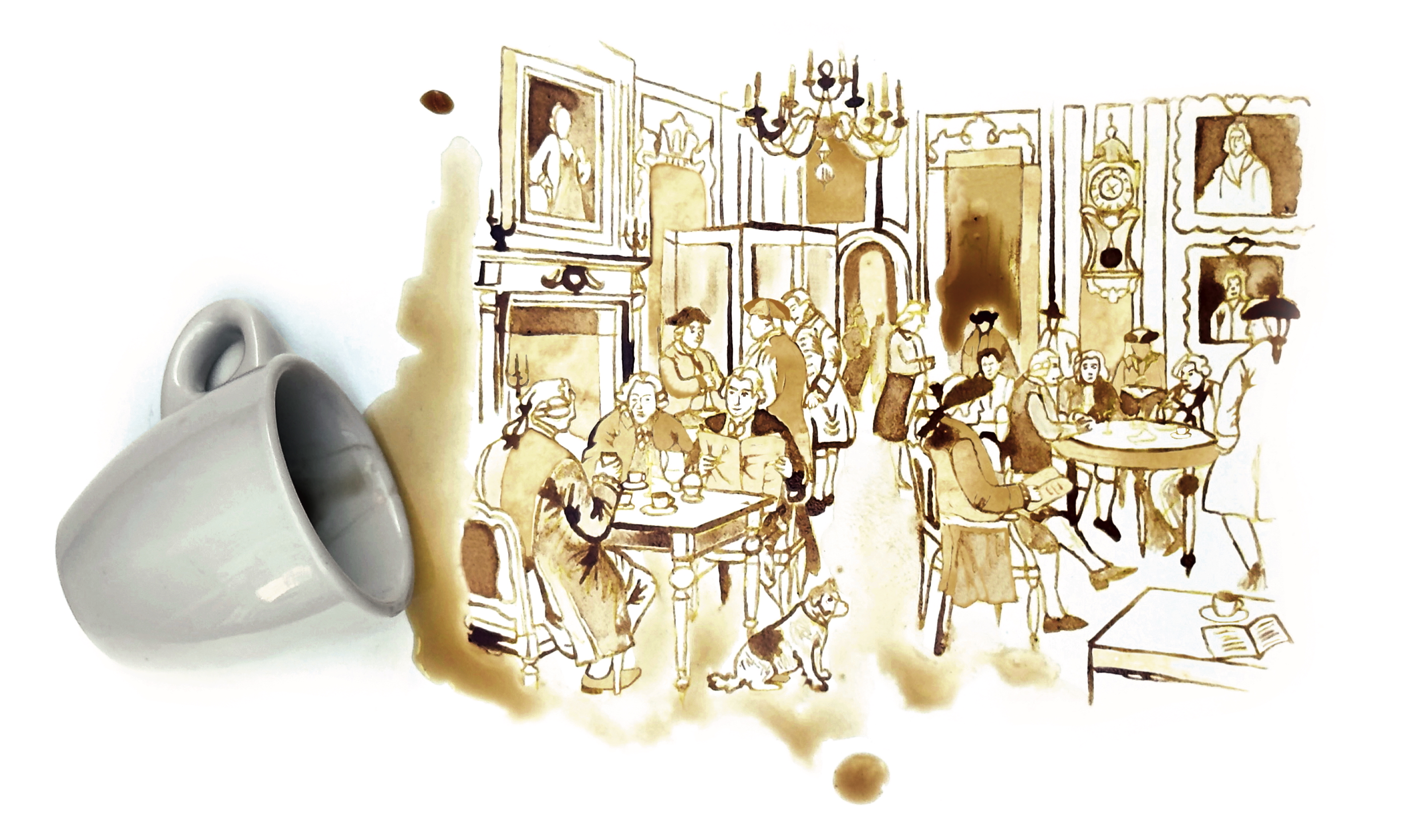 An illustration showing a spilt coffee cup, but the spill reveals a scene of people drinking in a coffee house in the 18th century