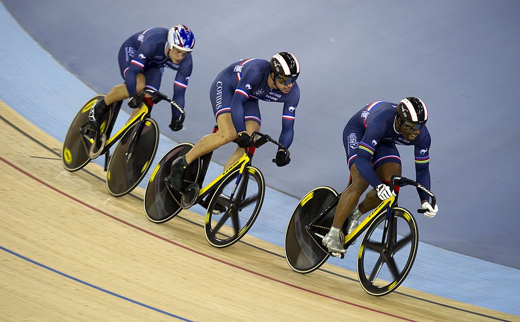 Frances Gregory Bauge R Mickael DAlmeida C and Kevin Sireau L compete during the Mens Team Sprint final race at the UCI World Cup track cycling an official test event for the London 2012 Olympic Games at the Velodrome in the Olympic Park in London on February 17 2012 AFP PHOTO ADRIAN DENNIS Photo credit should read ADRIAN DENNISAFP via Getty Images
