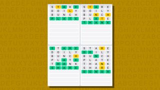 Quordle daily sequence answers for game 777 on a yellow background