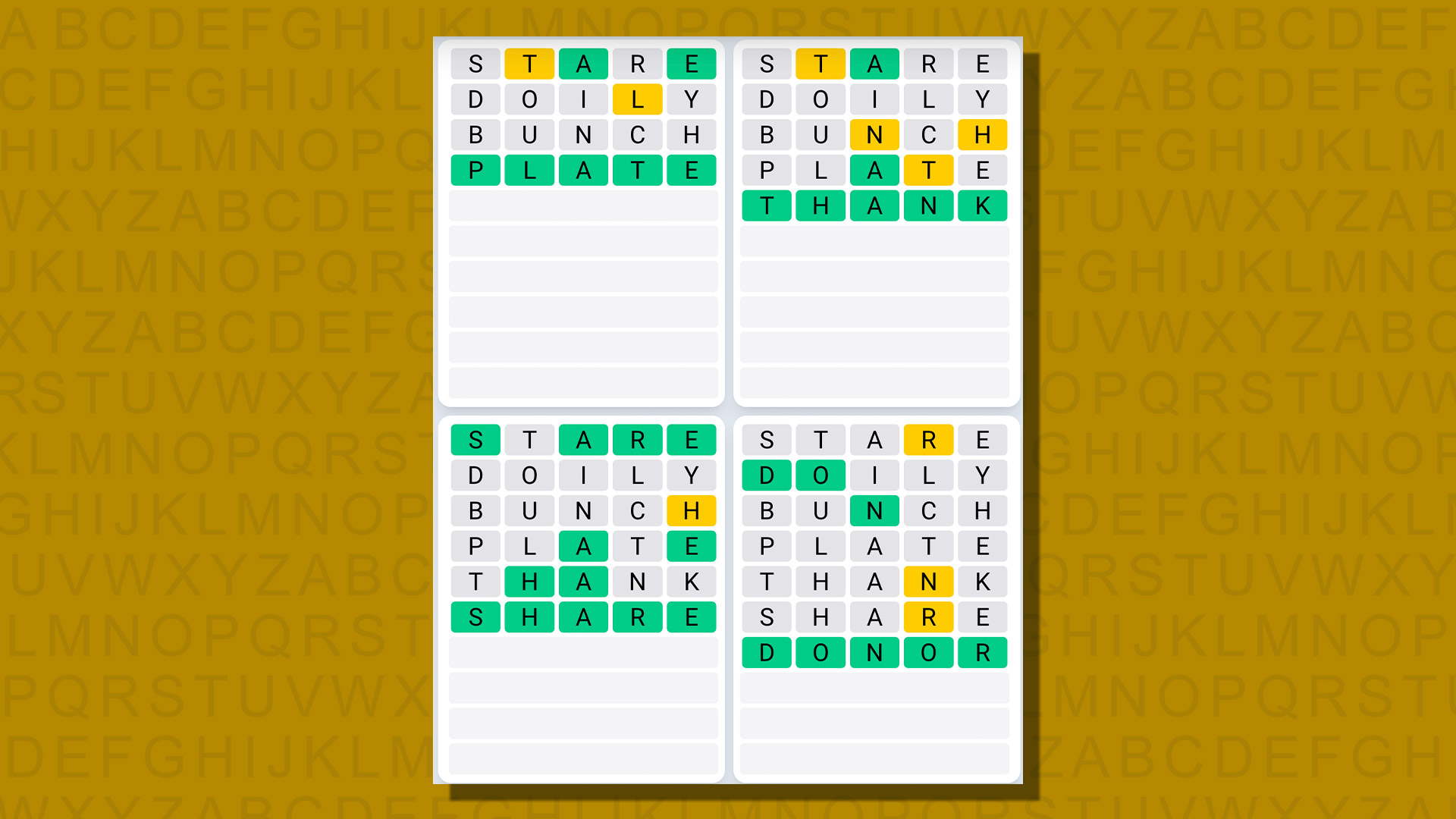Respuestas de secuencia diaria de Quordle para el juego 777 sobre un fondo amarillo
