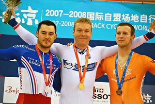 Chris Hoy (R) with Frenchman Arnaud Tournant in Beijing