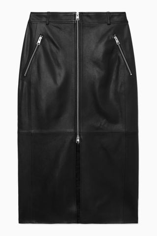 Zip-Up Leather Midi Skirt