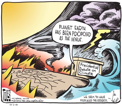 Political cartoon U.S. 2016 election presidential debate on climate change