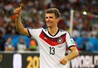 Thomas Müller celebrates Germany's World Cup final victory over Argentina at Brazil 2014.