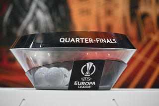 This photograph shows the draw balls of quarter-final matches of the UEFA Europa League trophy before the draw ceremony for the quarter-final, semi-final and final of the 2022-2023 UEFA Europa League football tournament, in Nyon, on March 17, 2023.