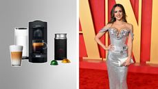 A photo of a Nespresso coffee and espresso machine on a silver background next to Jessica alba in a silver dress at the Vanity Fair Oscars party