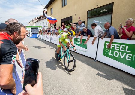Primoz Roglic on his way to winning the final time trial at Tour de Slovenie