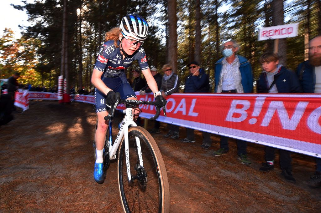 ZONHOVEN BELGIUM OCTOBER 24 Puck Pieterse of The Netherlands and Team Alpecin Fenixcompetes during the 25th Zonhoven UCI CycloCross Worldcup 2021 Womens Elite CXWorldCup UCIcyclocrossWC zonhoven on October 24 2021 in Zonhoven Belgium Photo by Luc ClaessenGetty Images