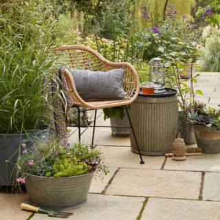 patio area with rattan armchair and planting