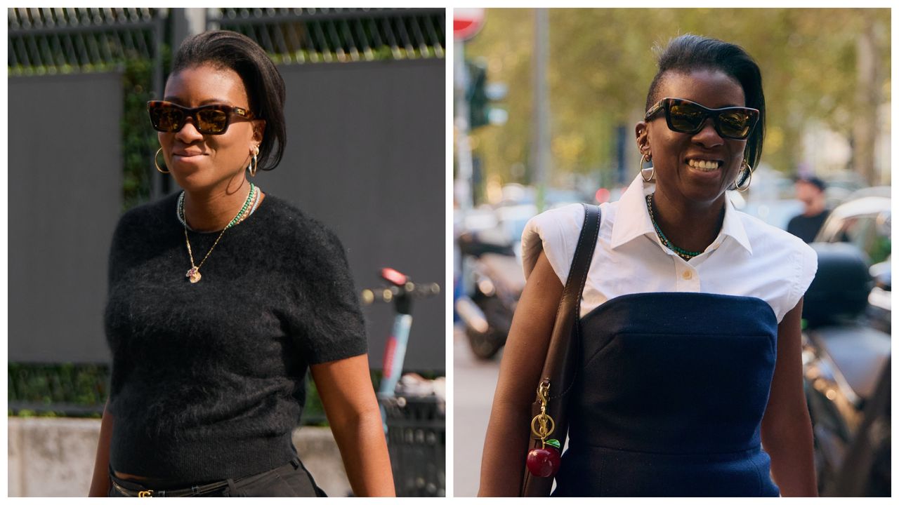 Nikki Ogunnaike wearing a black t-shirt; Nikki Ogunnaike wearing a white button-down and a navy vorset