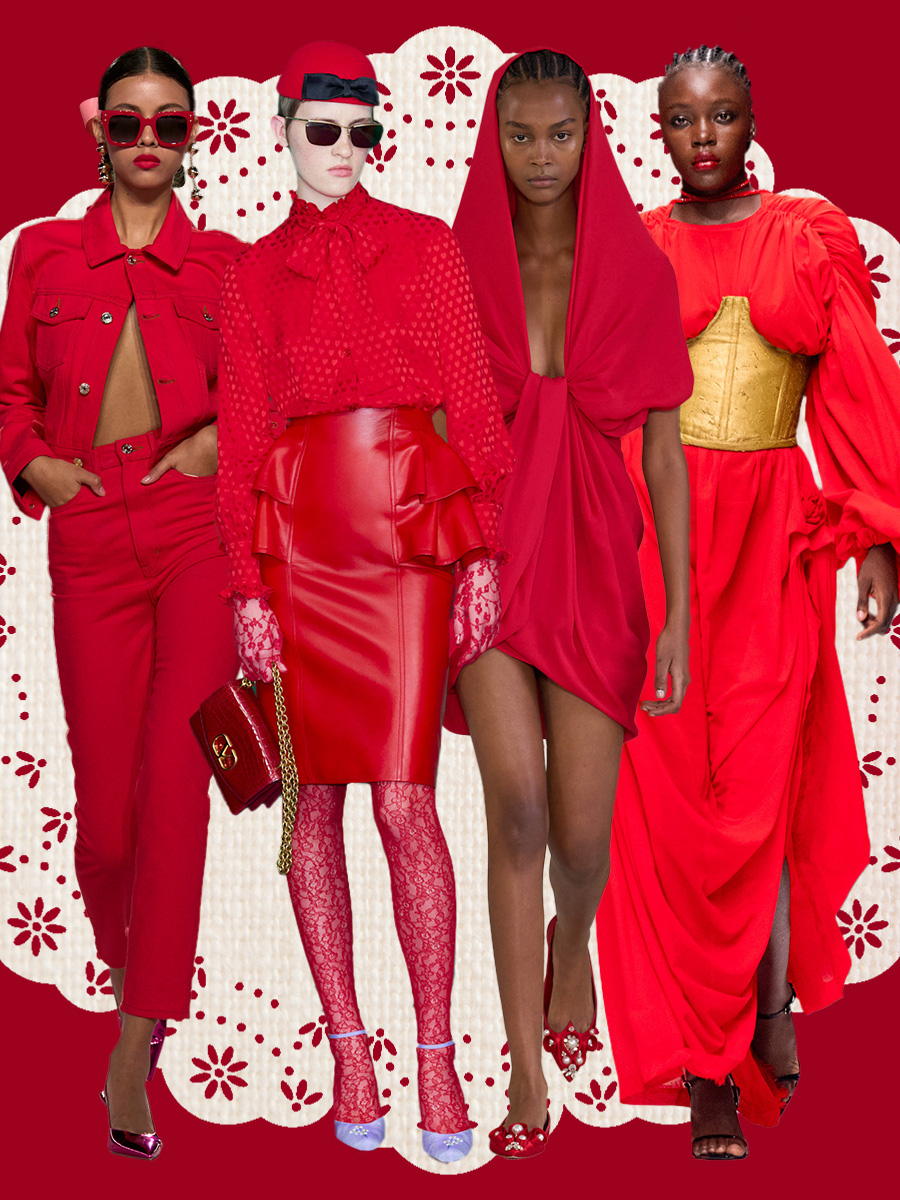 Runway collage of models wearing the tomato red 2025 color trend.