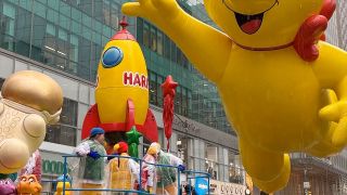 Haribo's "Candy Cosmos" float for the 98th Macy's Thanksgiving Day Parade features an out-of-this-world theme, a rocket lifting off, an astronaut and Goldbear giant balloon.