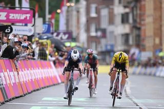 LIEGE BELGIUM AUGUST 14 Stage winner Puck Pieterse of The Netherlands and Team FenixDeceuninck and Demi Vollering of The Netherlands and Team SD Worx Protime Yellow Lader Jersey sprint at finish line during the 3rd Tour de France Femmes 2024 Stage 4 a 1227km stage from Valkenburg to Liege UCIWWT on August 14 2024 in Liege Belgium Photo by Dario BelingheriGetty Images