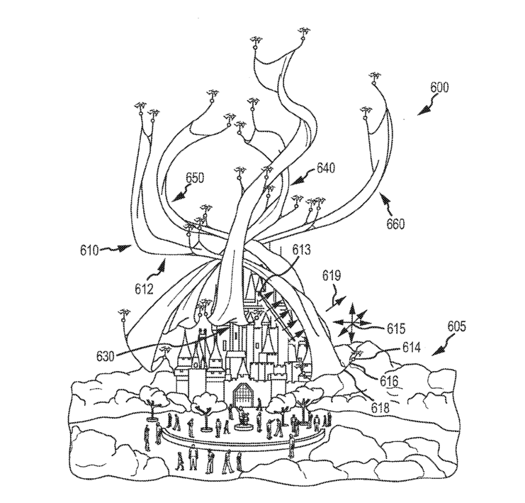This illustration shows flexible projection screens lifted in the air by drones above a building that looks a lot like Disney's Cinderella Castle.