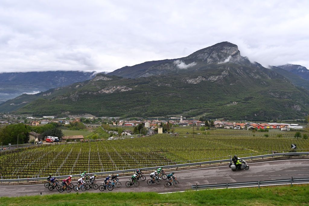 PREDAZZO ITALY APRIL 20 A general view of the early attack group during the 46th Tour of the Alps 2023 Stage 4 a 1529km stage from Rovereto to Predazzo 1023m on April 20 2023 in Predazzo Italy Photo by Tim de WaeleGetty Images