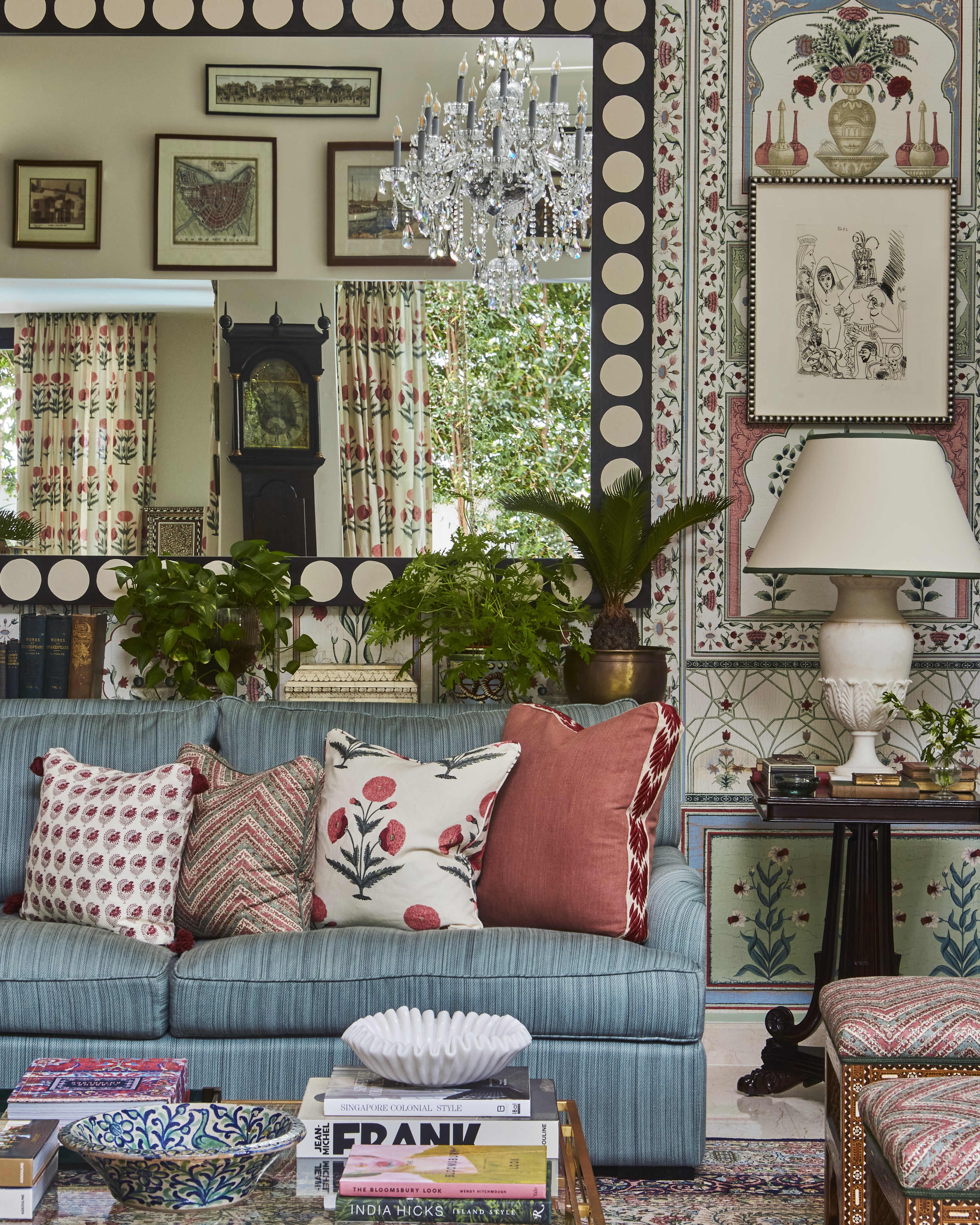 Richly decorated living room with lots of pattern