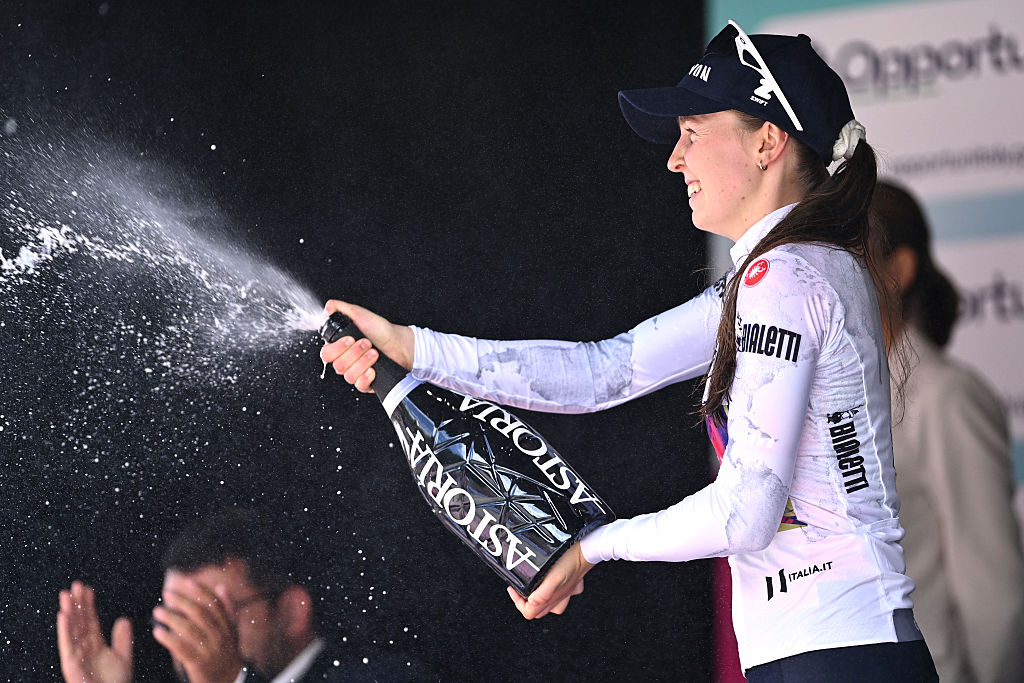 MONTE NERONE, ITALY - JULY 12: Antonia Niedermaier of Germany and Team CANYON//SRAM - White Best Young Rider Jersey celebrates at podium during the 36th Giro d&#039;Italia Women 2025, Stage 7 a 150km stage from Fermignano to Monte Nerone 1396m / #UCIWWT / on July 12, 2025 in Monte Nerone, Italy. (Photo by Luc Claessen/Getty Images)