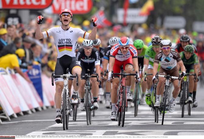 Andre Greipel shows his delight at taking a stage in the Tour de France