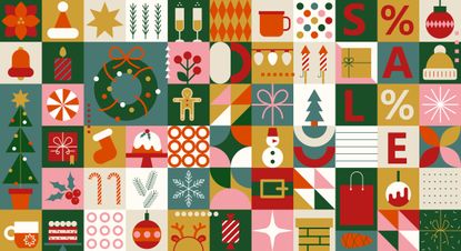 Christmas symbols. Merry Christmas. Christmas abstract geometric background with simple shapes, Santa Claus, celebration symbol, holiday food. Creative modern art. Bauhaus style Merry Christmas poster