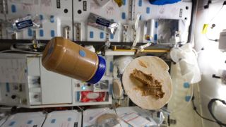 a floating peanut butter jar and a floating tortilla with peanut butter, beside each other, in an international space station module