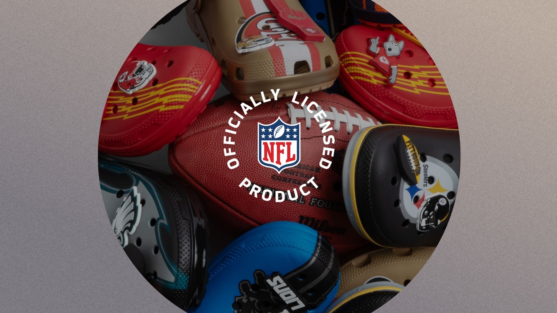Crocs and NFL collab on a grey background 