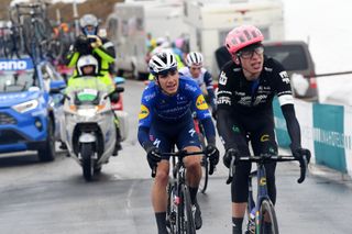CORTINA DAMPEZZO ITALY MAY 24 Joao Almeida of Portugal and Team Deceuninck QuickStep Hugh Carthy of United Kingdom and Team EF Education Nippo passing through Passo Giau 2233m during the 104th Giro dItalia 2021 Stage 16 a 153km stage shortened due to bad weather conditions from Sacile to Cortina dAmpezzo 1210m girodiitalia Giro on May 24 2021 in Cortina dAmpezzo Italy Photo by Tim de WaeleGetty Images