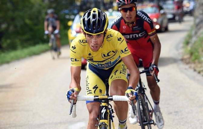 Alberto Contador (Tinkoff Saxo) tires to pull back Andrew Talansky (Garmin-Sharp) on the last climb