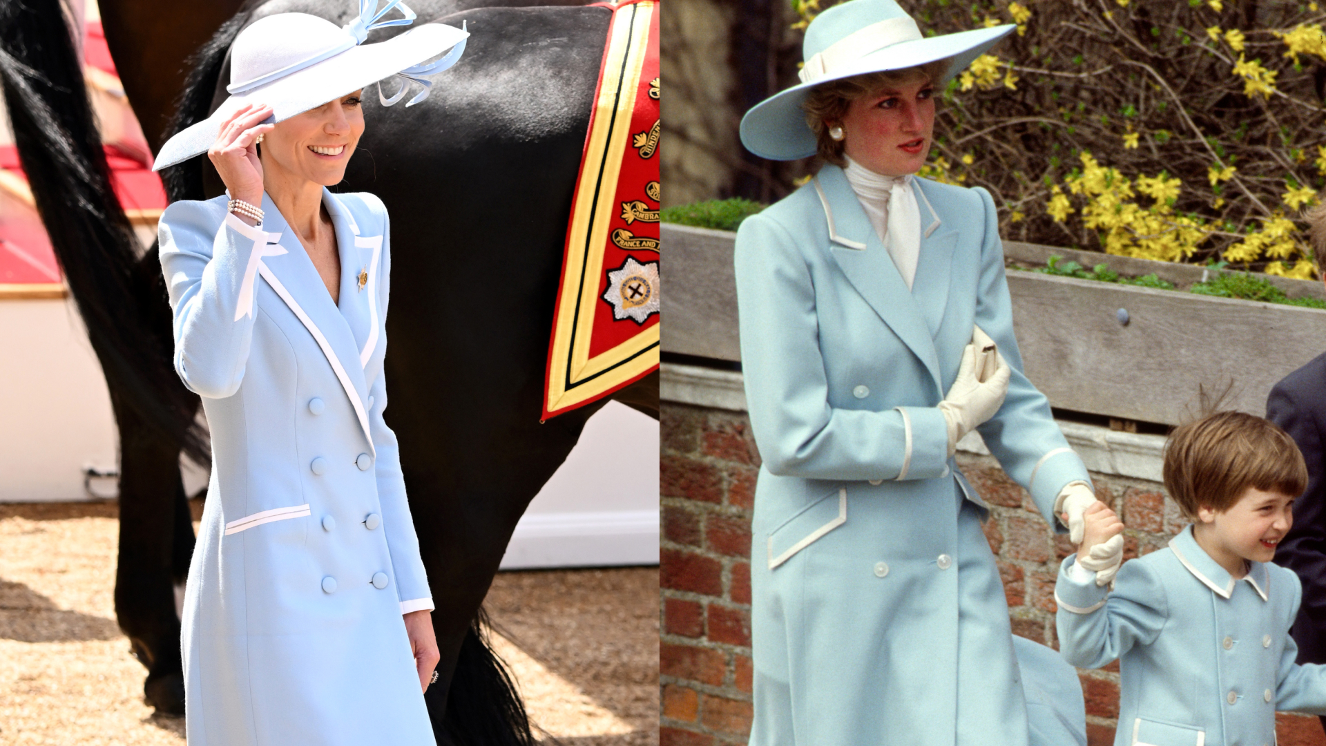 A split image of Princess Kate in a blue coat and Princess Diana in a similar coat holding hands with Prince William
